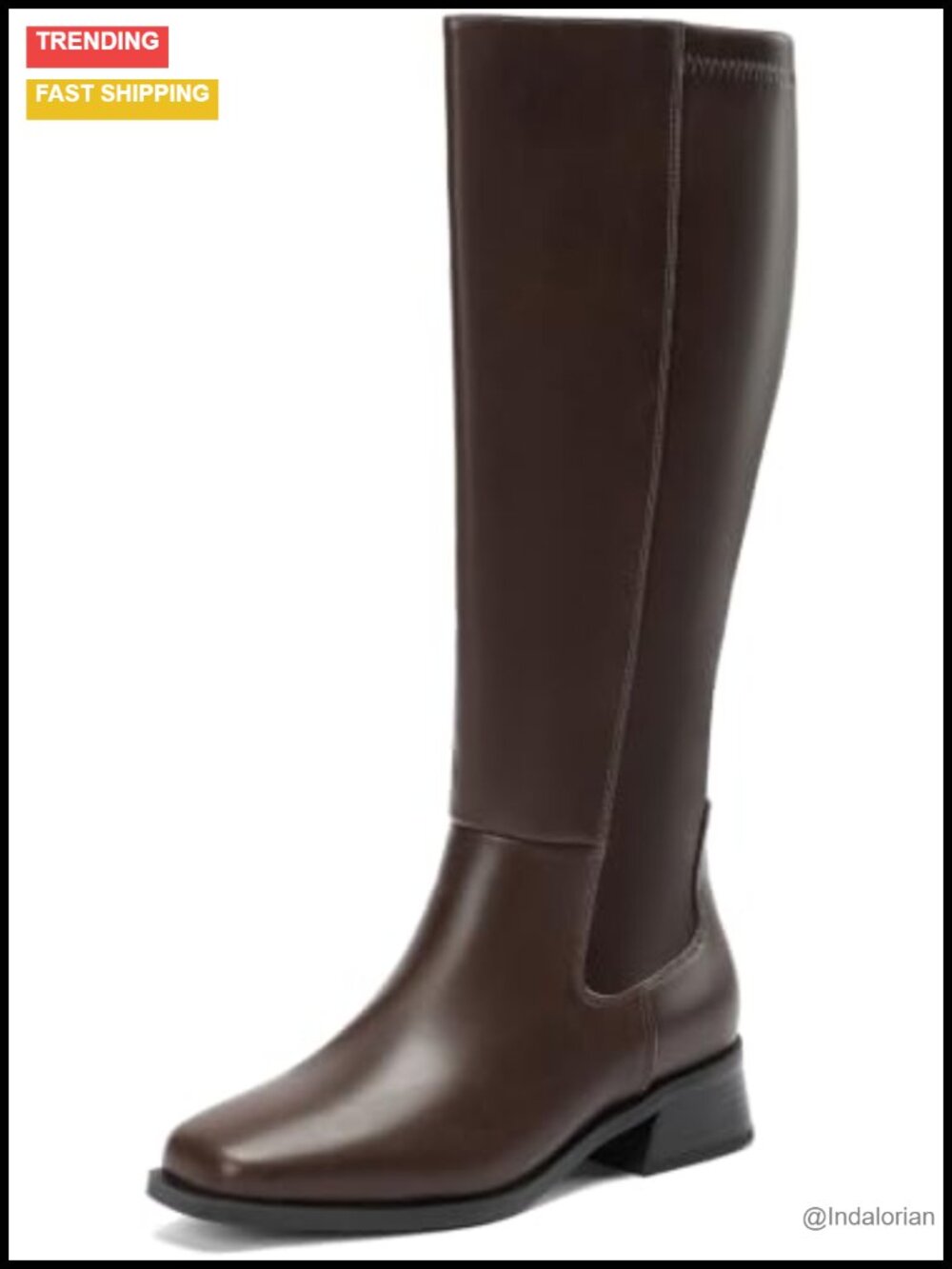 Wide Calf Knee High Boots Square Toe Low Block Heel Faux Leather